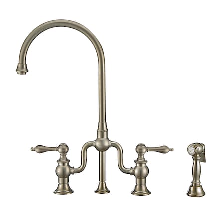 Whitehaus Bridge Faucet W/ Gooseneck Swivel Spout, Lvr Handles And Brass Side Spr WHTTSLV3-9773-NT-BN
